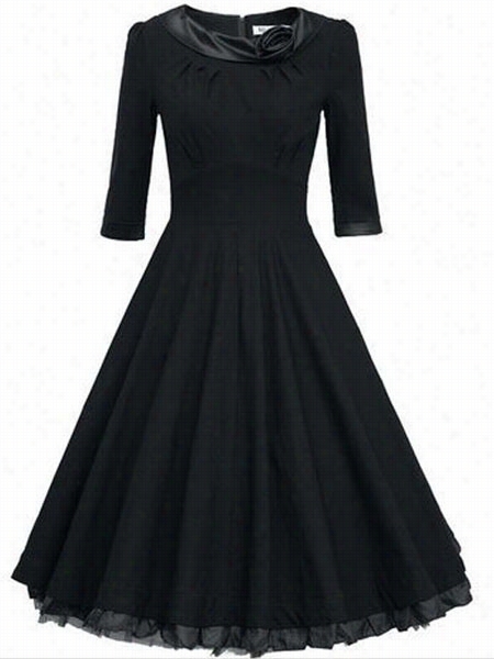 Elegant Round Neck Falbala Pleated Skater-dresses