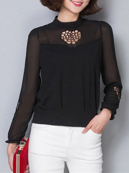 Emboidery Hollow Out Zips Band Collar Blouses