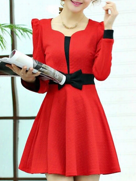 Enticing V Neck Bowknot Patchwork Skater-dress