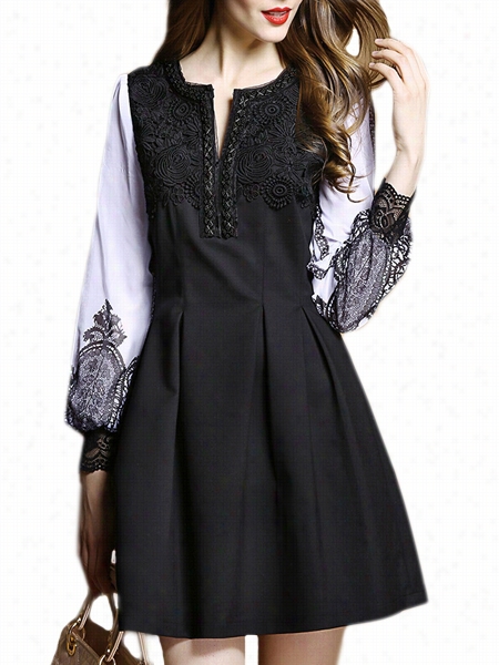 Excellent Roynd Ndck Color Block Embroidery Skateer-dress