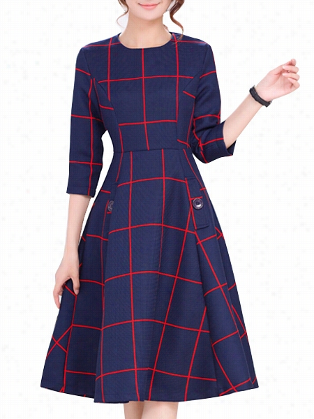 Excelllent Smooth Neck Falbala Plaid Skatr-dress