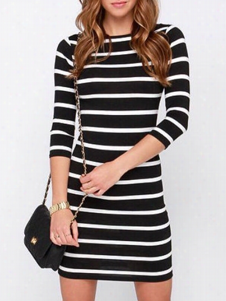 Exquisite Orund Eck Striped Bodycon-dress