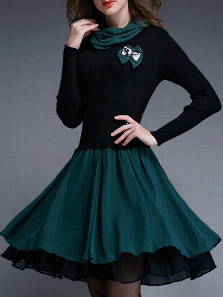 Fancy Cowl Neck Bowknot Pacthwork Knitted-dress