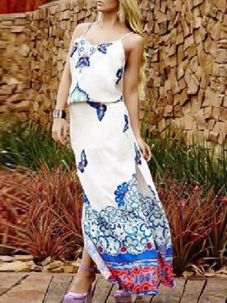 Fashion Printed Side Slit Spaghetti Sttap Maxi Dress