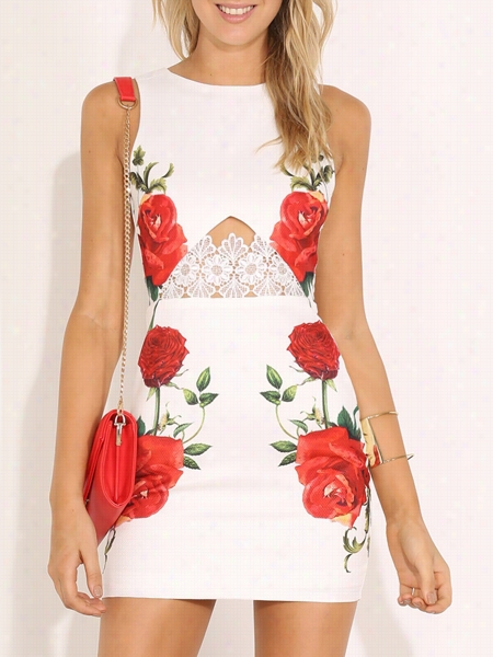 Floral Hollow Out Exquisi Te Round Ne Ck Bodycon Dress