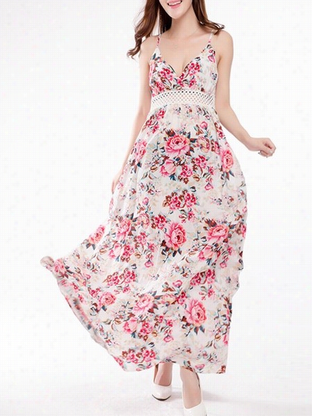 Floral  Hollow Out Printed Spaghetti Stra Maxi Dress