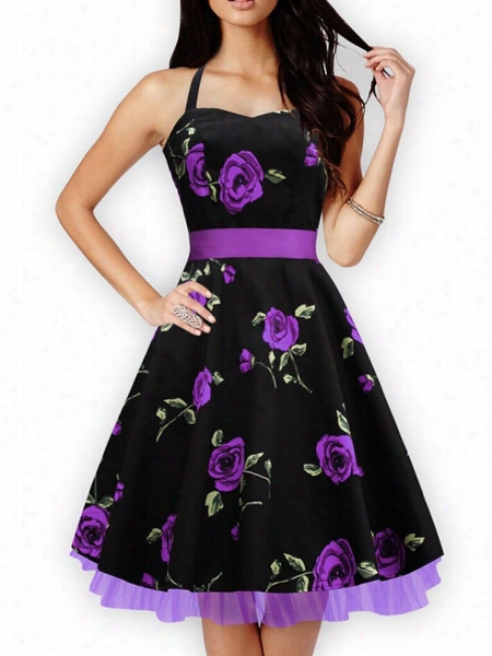 Floral Printed Bowknot Trendy Hallter Skater--dress