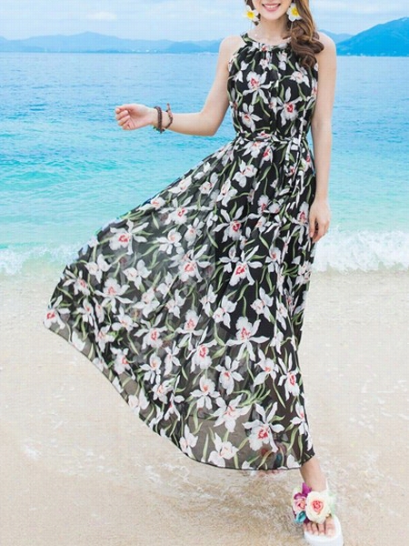 Floral Printed Crew Neck Maxi Dress