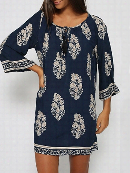 Floral Printed European Round Neck Loose Fitting Distort Block Patchwork Shift-dress