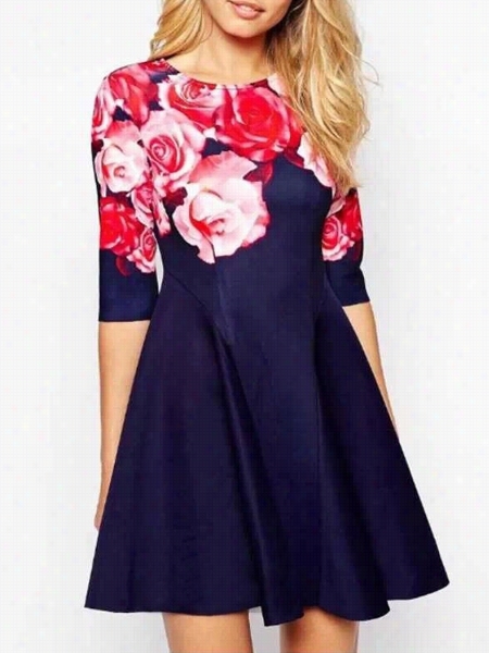 Floral Printed Fascinating Ruond Neck Skater Dress