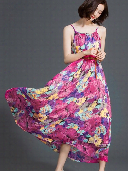 Floral Printed Unfasten Spaghettti Strap Maxi Dress