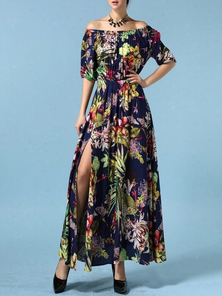 Floral Printed Side Slit Off Shoulder Maxi Dress