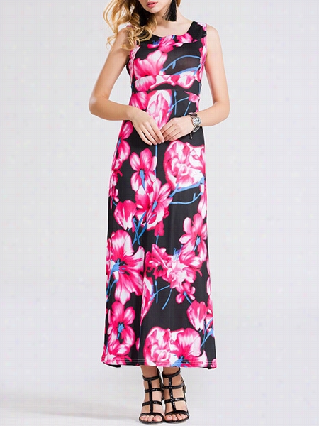 Floral Printed Sleeveless Round Neck Maxi Dress