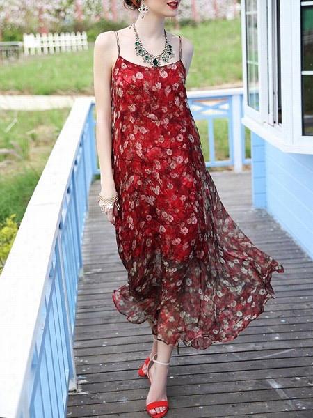 Floral Printed Vacation Spaghetti Strap Maxi Dress