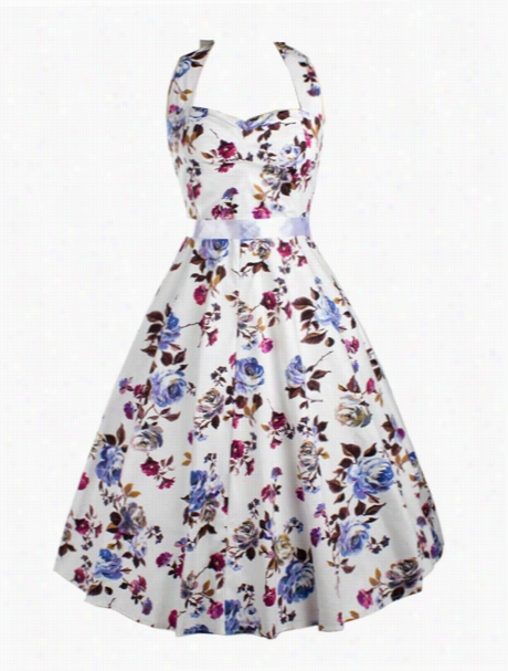 Floral Printed Vintage Bowknot Charming Halter Skater-dress