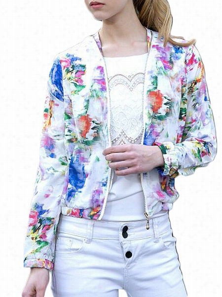 Floral Printed Zips Colorful Crew Neck Jackets