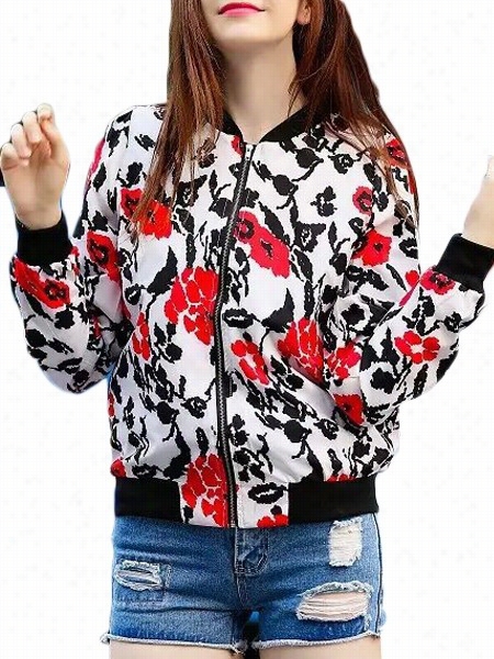 Floral Printed Zips Fabulous Crew Neck Jackets