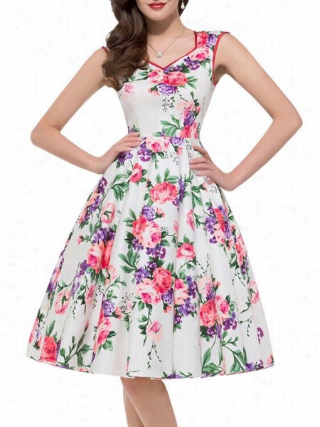 Floral Vintage Spakling V Neck Skate R Dress