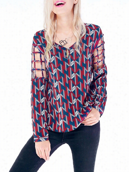 Geometric Hollow Out Trendy V Neck Blouses