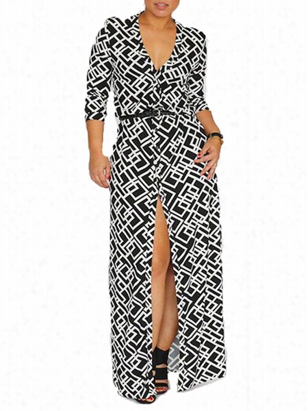 Geometric Printdd Pslit V Neck Maxi Dress