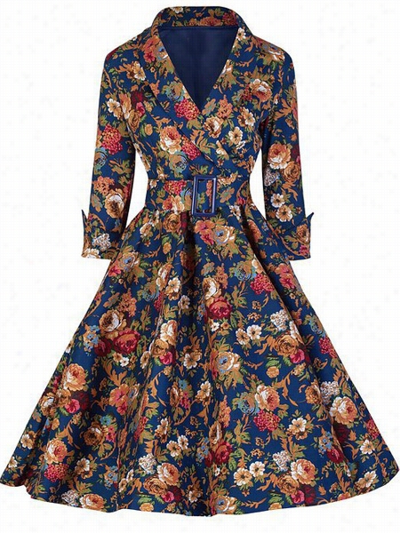 Graceful Small Lapel Floral Print Ed Skater-dress