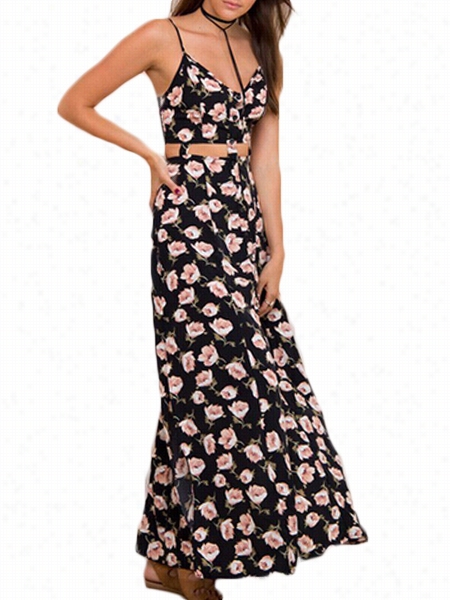 Hig H Slit Printed Exquisite Spaghettj Strap Maxi-dress