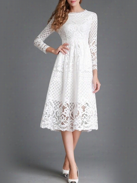 H Ollow Out  Lace Round Neck Maxi Drezs