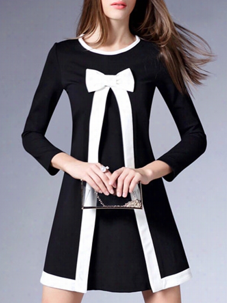 Hot Crew Neck Bowknnot Asssorted Oclors Patchwork Shift-dress