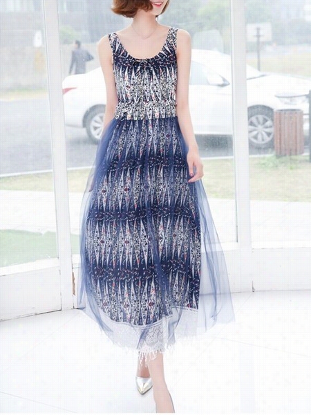 Lace Mesh Pathwork Pribted Round Neck Maxi Drress