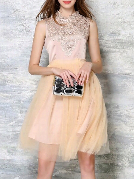 Lace Patchwork Chic Band Collar Cocktail-dress