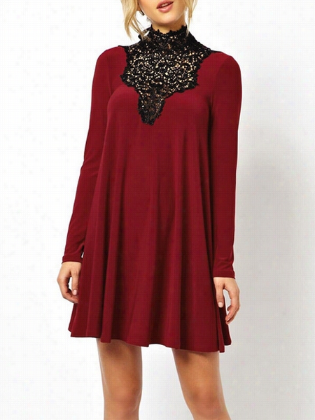 Lace Patchwork Designed Crew Neck Shift Dress