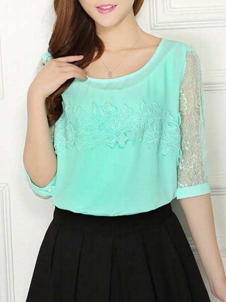 Lace Patchwork Elegant Round  Neck Blouses