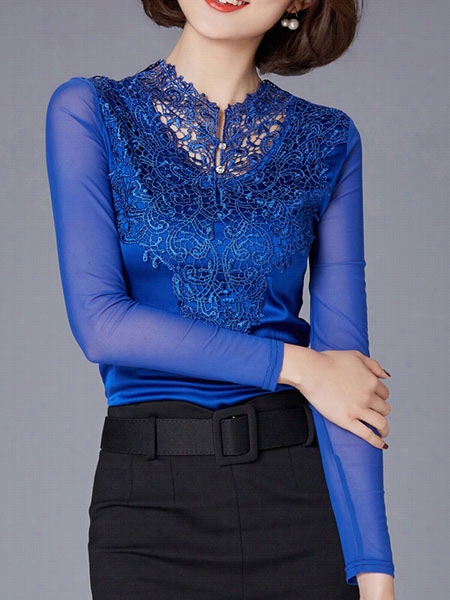 Lace Patchwork Gracefull Asymmetric Neckline Blouses