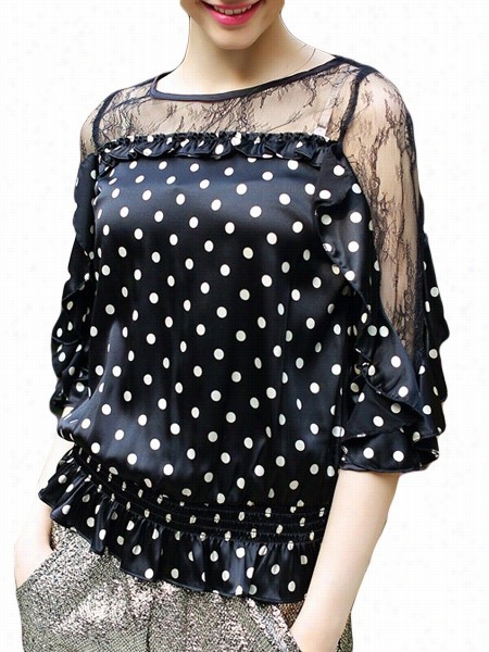 Lace Patchwork Polka Od Tchic Round Neck Blouses