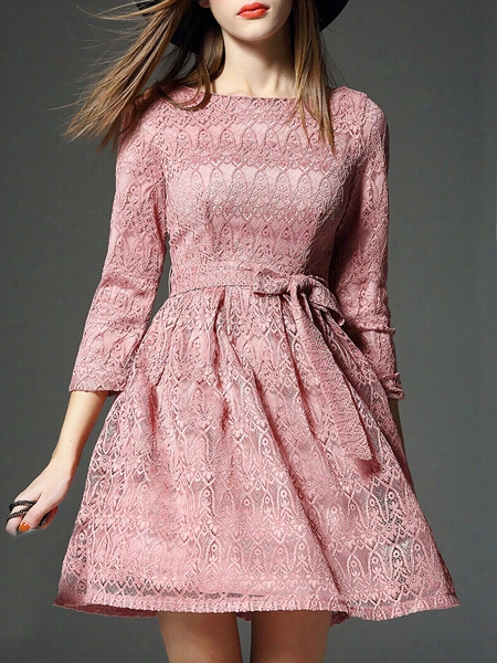 Lace Plain Brilliant Crew Neck Skater Dress