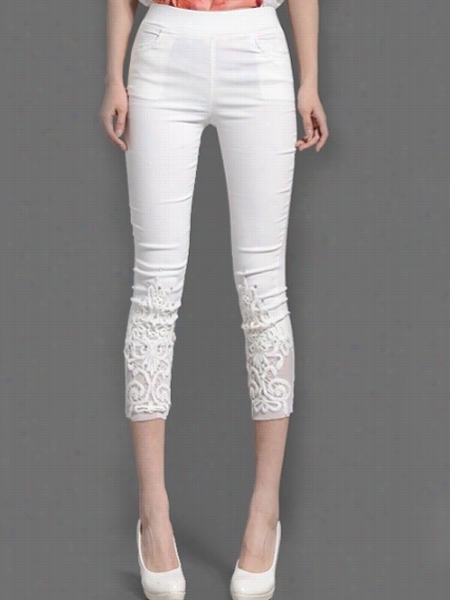 Ladylike Soolid Hollow Out Lace Rhinestone Patchwork Leggings