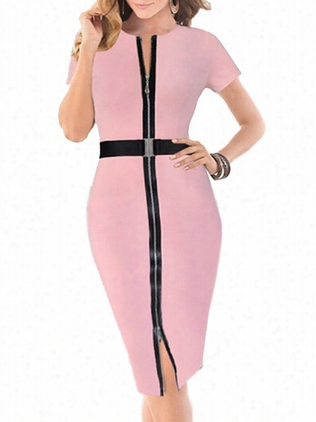 Ladylike&chic With Zips Plain Round Ncek Bodycon-dress