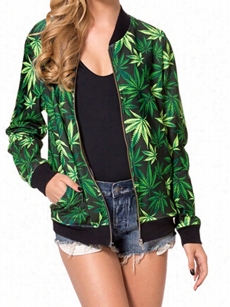 Leaves Printed Zips Designed Collarless Bomber Jackets