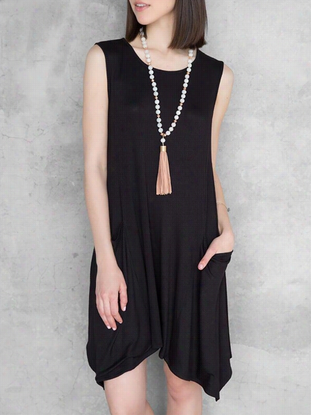 O-neck  Black Asyymmetriacl Hems Sparkling Shift Dress