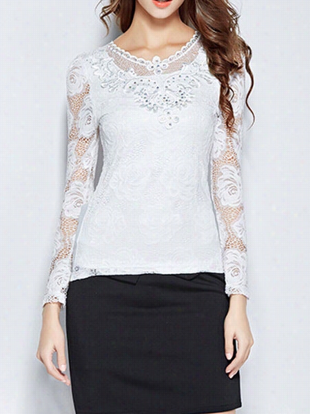 Patchwork Beading Concise Round Neck Blouses