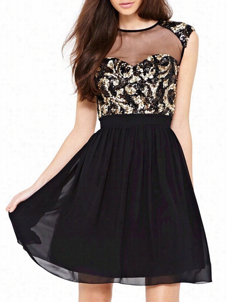 Patchwork Paillette Elegant Company Neck Skater Dress