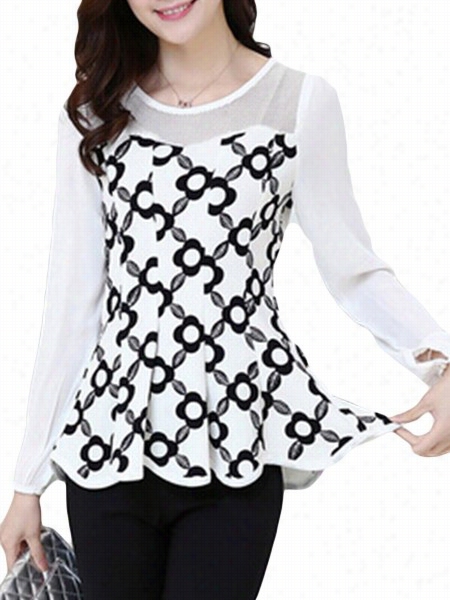 Patchwork Priinted Charming Round Neck Blouses