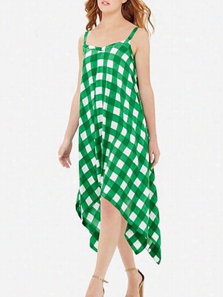 Plaid Asymmetrical Hems Spaghetti Strap Maxi Drress