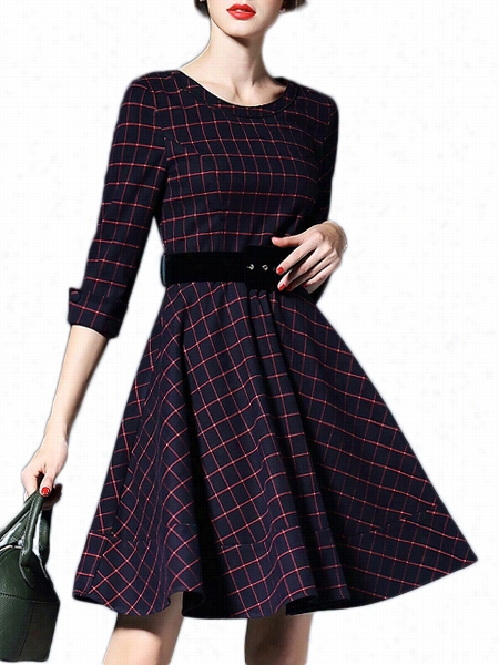 Plaid Back Zips Alluring Round Nneck Skater-dress