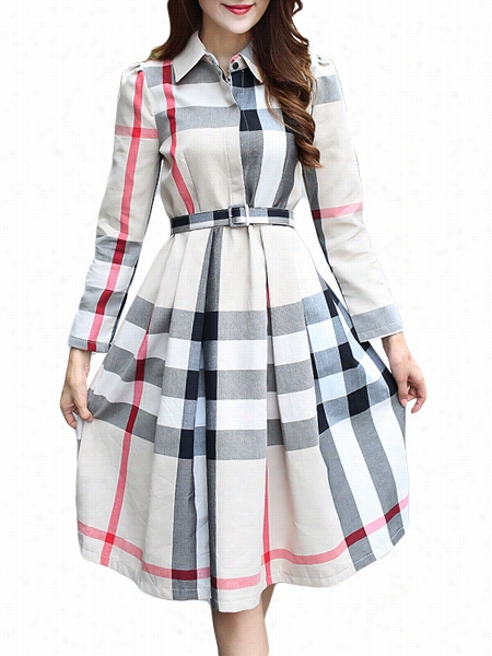 Plaid Long Sleeve Charming Lapel Skater Dress