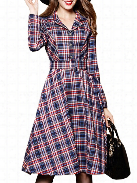 Plaid Single Button Designed Lapel Skater-dress