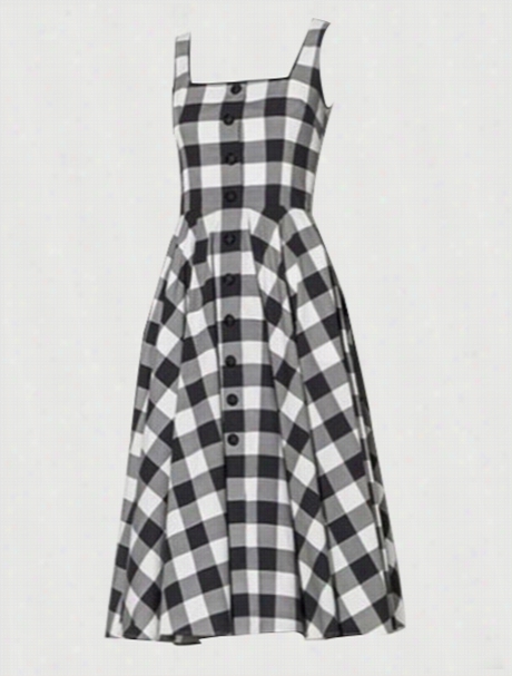 Plaid Single Button Squar E Neck Skater-dress