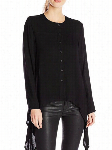 Plain Decorative Buttonsdesigned Crew Neck Blouses