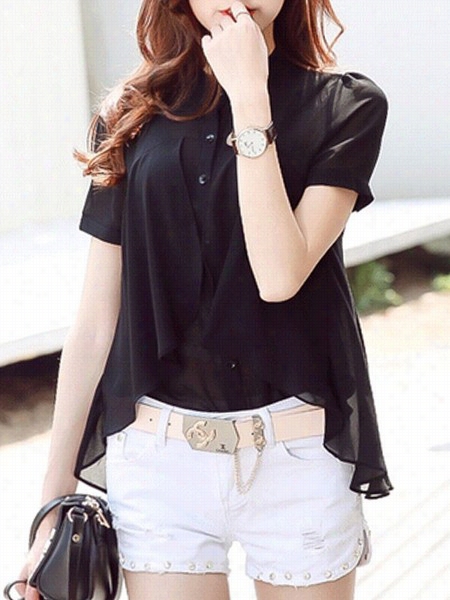 Plain  Falbala Stylish Band Collar Blouses