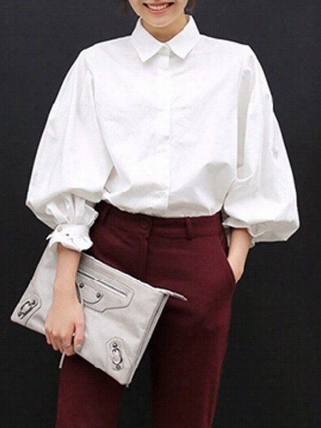 Simple Trendy Small Lapel Puff Lseeve Blouses